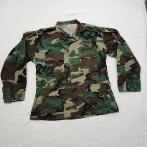Vintage US Woodland Camo Jacket Coat Uniform Special Forces Army Patch BDU Large